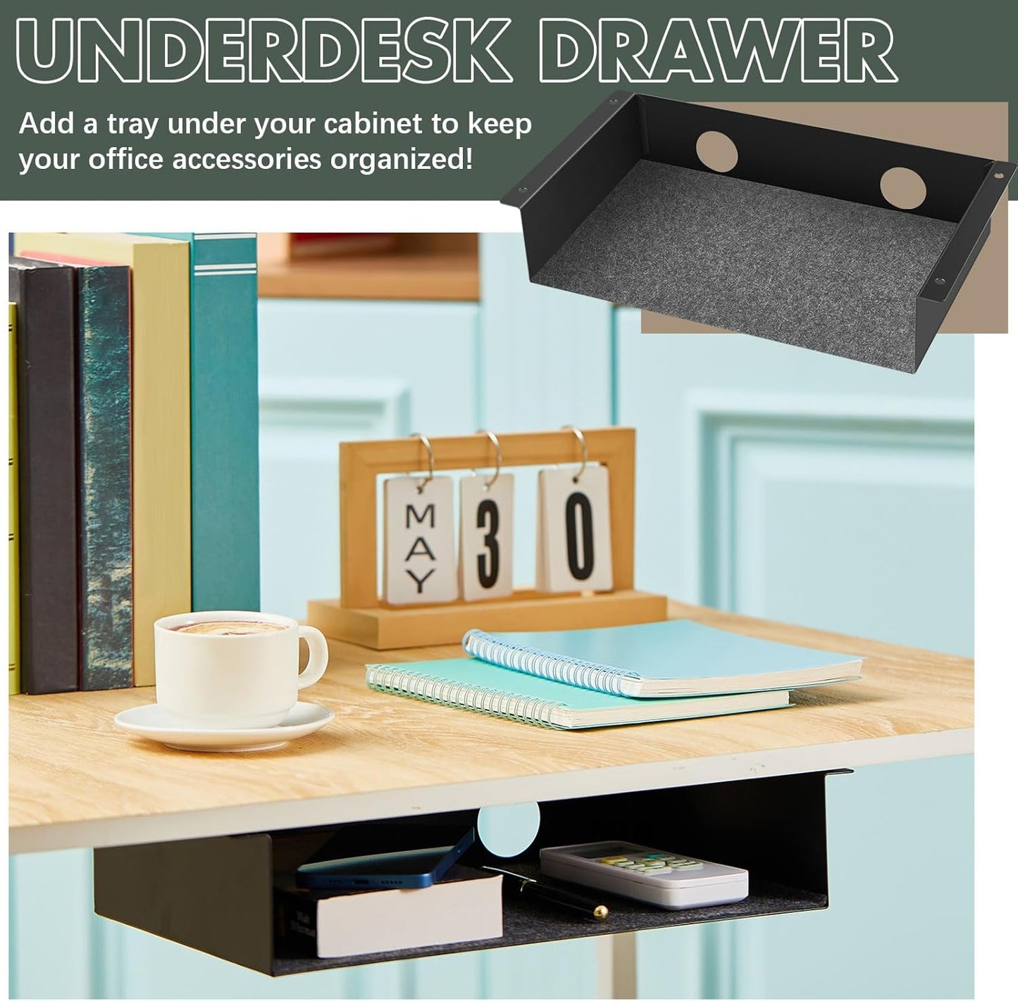 2 Pack Under Desk Storage Shelf, Carbon Steel Under Desk Tray with Mute Felt Sheets, Mount Shelf Organizer for Office Home Workstation Gaming Desk Stand up Desk, 13x8x2.8 in