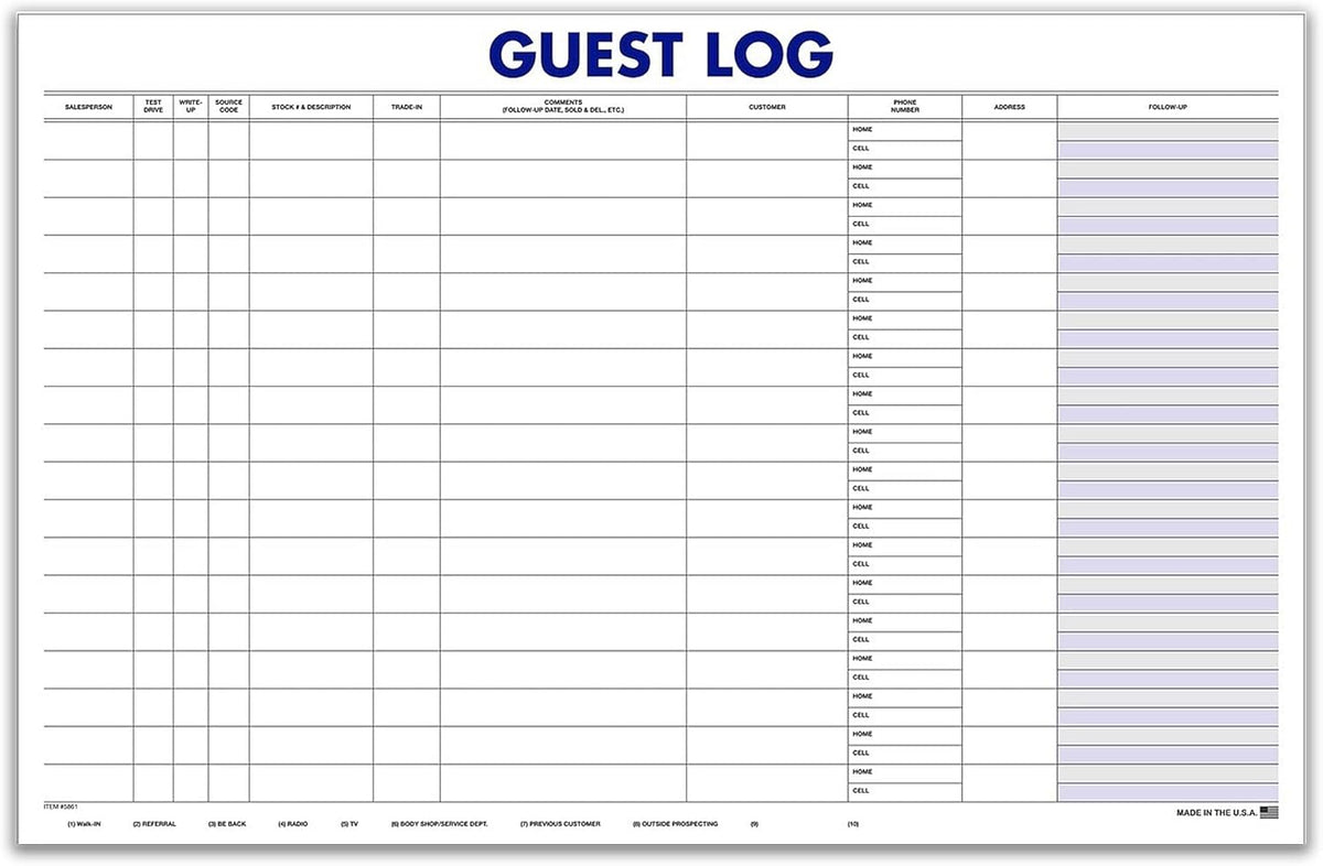 Professional Guest Log Book - Efficiently Track Potential Customers and Follow-Up - Ideal for Automotive Dealerships, Repair Shops, and Service Centers - 17" × 11" - 100 Sheets Per Pad - Pack of 2