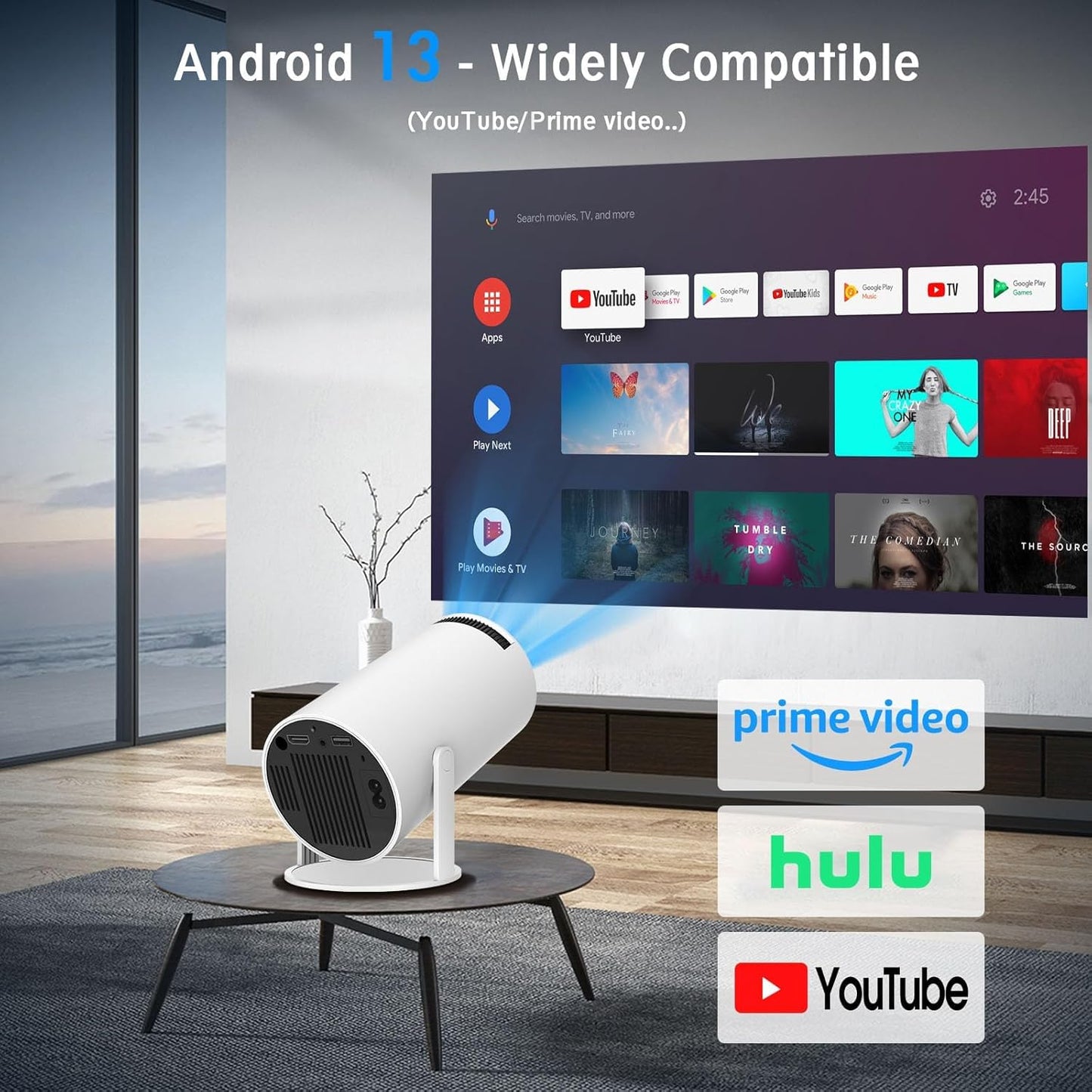 Mini Projector with WiFi and Bluetooth, 4K 1080P Support Portable Projector, 180ANSI, Android 13, Auto Keystone Correction, 30"-200" Screen Video Projector for Laptop, PC, Smartphone