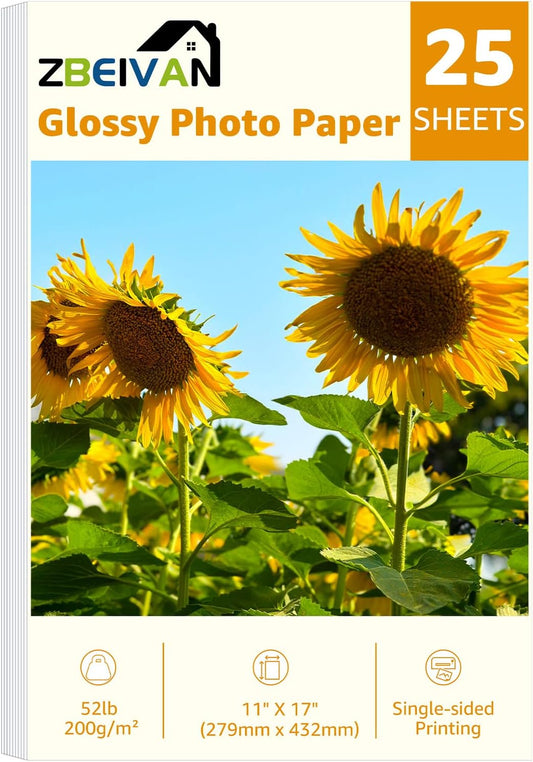ZBEIVAN 11x17 Photo Paper, Glossy Photo Papers 25 Sheets, 11 x 17 Inkjet Printer Photo Paper for Dye Ink, 200 GSM