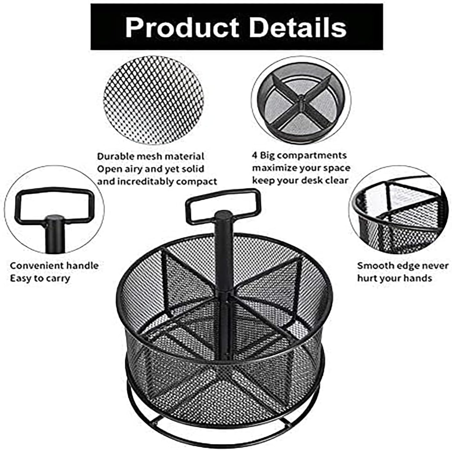 Marbrasse Mesh Desk Organizer, 360-Degree Rotating Multi-Functional Pen Holder, 4 Compartments Desktop Stationary Organizer, Home Office Art Supply Storage Box Caddy (Black)
