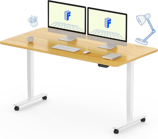 FLEXISPOT E6 MAX Dual Motor 3 Stages Standing Desk 55x28 Inch Whole-Piece Board Electric Height Adjustable Stand Up Desk 150KG Load Capacity(White Frame + Maple Desktop)