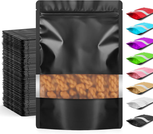 Funfery 100 Pcs Smell Proof Packaging Bags,Mylar Clear Bags for Food Storage,Sealable Bag for Packaging,Stand Up Pouches with Window,ReSealable Bag for Small Business,Cookies,Candy(Black,5.9x8.6in)