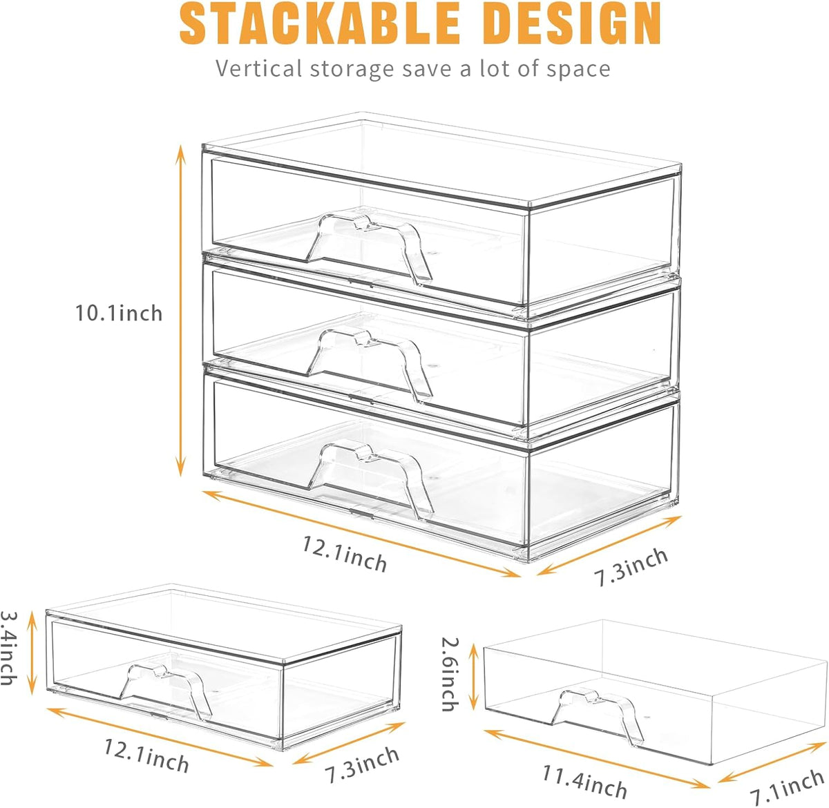 5 Pack Makeup Organizer Stackable, 12.1''L Bathroom Organizer and Storage Acrylic Undersink Drawer Organizer, Cosmetics and Beauty Supplies,Clear Plastic Storage Bins for Vanity,Pantry,Cabinet,Kitchen