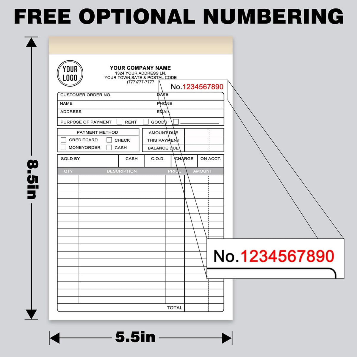 Custom Sales Invoice Personalized Carbonless NCR Forms with Company Name/Logo Personalized Invoice, Receipt Book, Work Sales Purchase Orders, Estimates, Quote Forms 5.5" x 8.5" - 2 Part(100 Sets)