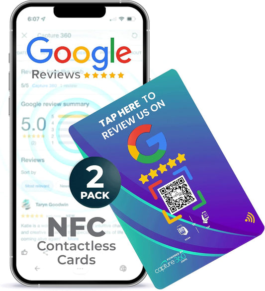 Google Review NFC & QR Tap Card by Capture 360, NFC Instant Review card, All Phones Compatible, Friendly Dashboard, Live Analytics, Reusable Card, Boost Business Feedback (Blue, 2-Pack Google Cards)