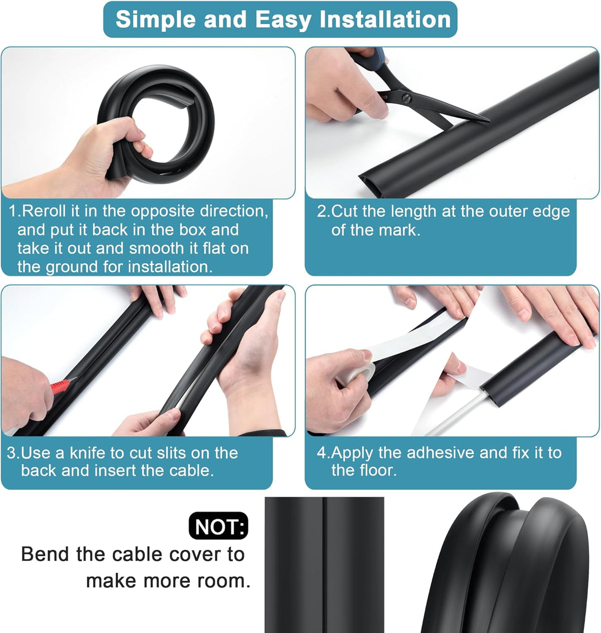 Floor Cable Cover 3ft Black, LZEOY Cord Covers for Wires on Floor, Cord Hider Floor Cable Management, Extension Cord Floor Cover Low Profile, Floor Cord Cover for Office/Carpet/Floor