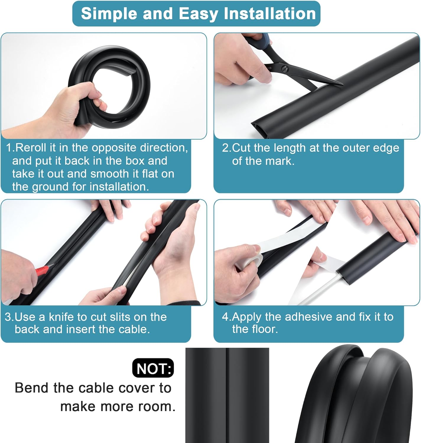 Cord Hider Floor - 3FT White Cord Cover, Soft PVC Wire Covers - Hides Cords - 0.7" W x 0.4" H
