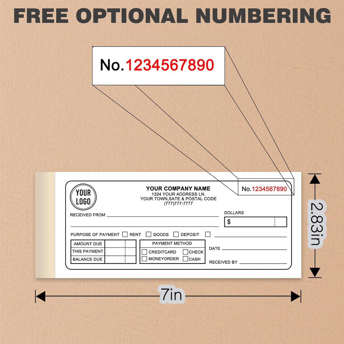 Custom 2.83" x 7" Invoices Receipts Carbonless Books in 2-Part Duplicate Personalized Company Address Name Phone Number 100 Sets