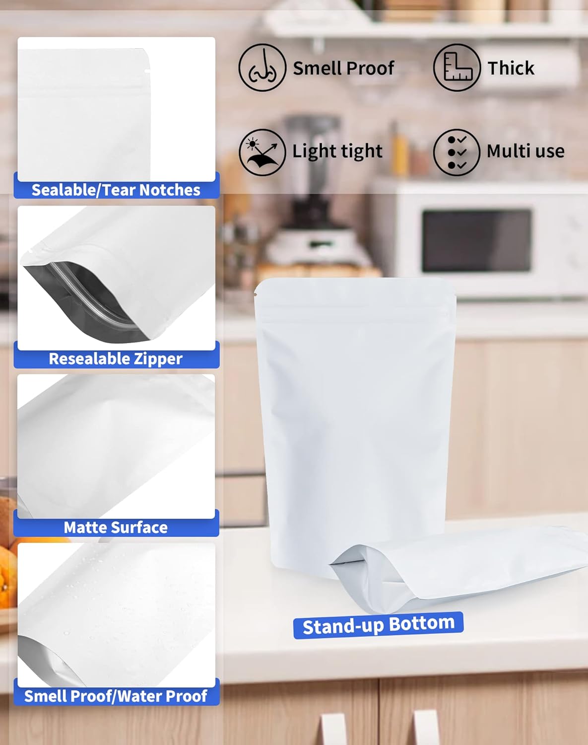 100 Pack Resealable Stand Up Bags,7.9" x 11.8" Smell Proof Pouch Sealable Foil Pouch Bags for Packaging (White)