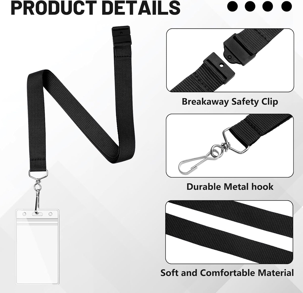 24-Pack Black Breakaway Lanyards with Waterproof Badge Holders, Metal Hook, Polyester Neck Straps for ID Cards, Events, Office, and Schools