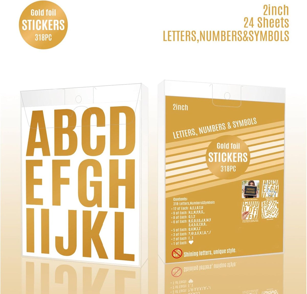 24 Sheets 2 Inch Self Adhesive Letters Stick on Vinyl Letters Capital Letter Stickers Alphabet Sticker Letter Number for Outdoor Poster Mailboxes Crafts(Gold)
