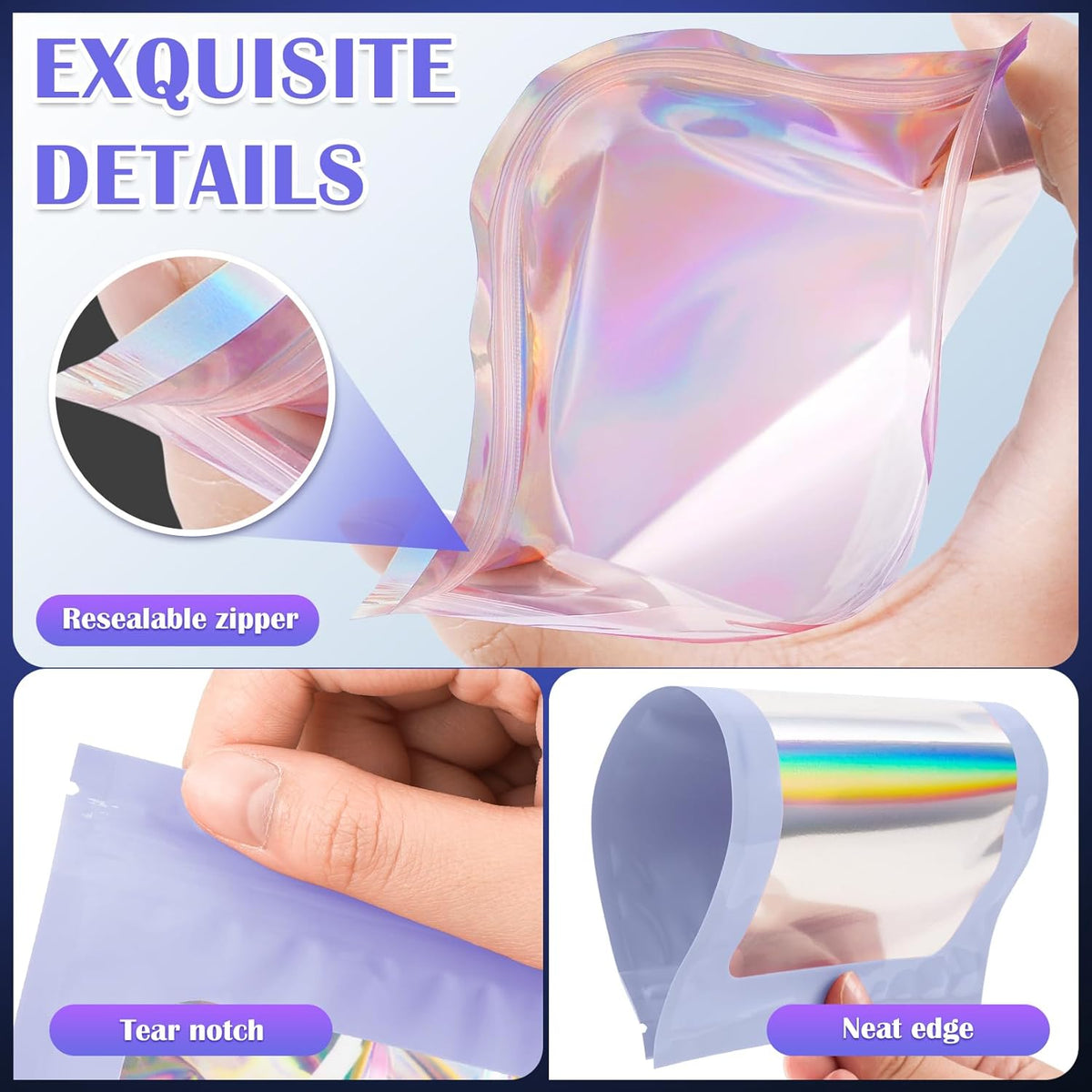 100 Pcs Mylar Bags, Smell Proof Bags Foil Pouch, Holographic Resealable Bags for Small Business, Candy Sample Jewelry Bag Sealable Packaging for Party Favor Food Storage (2.4x3.9in-Purple)