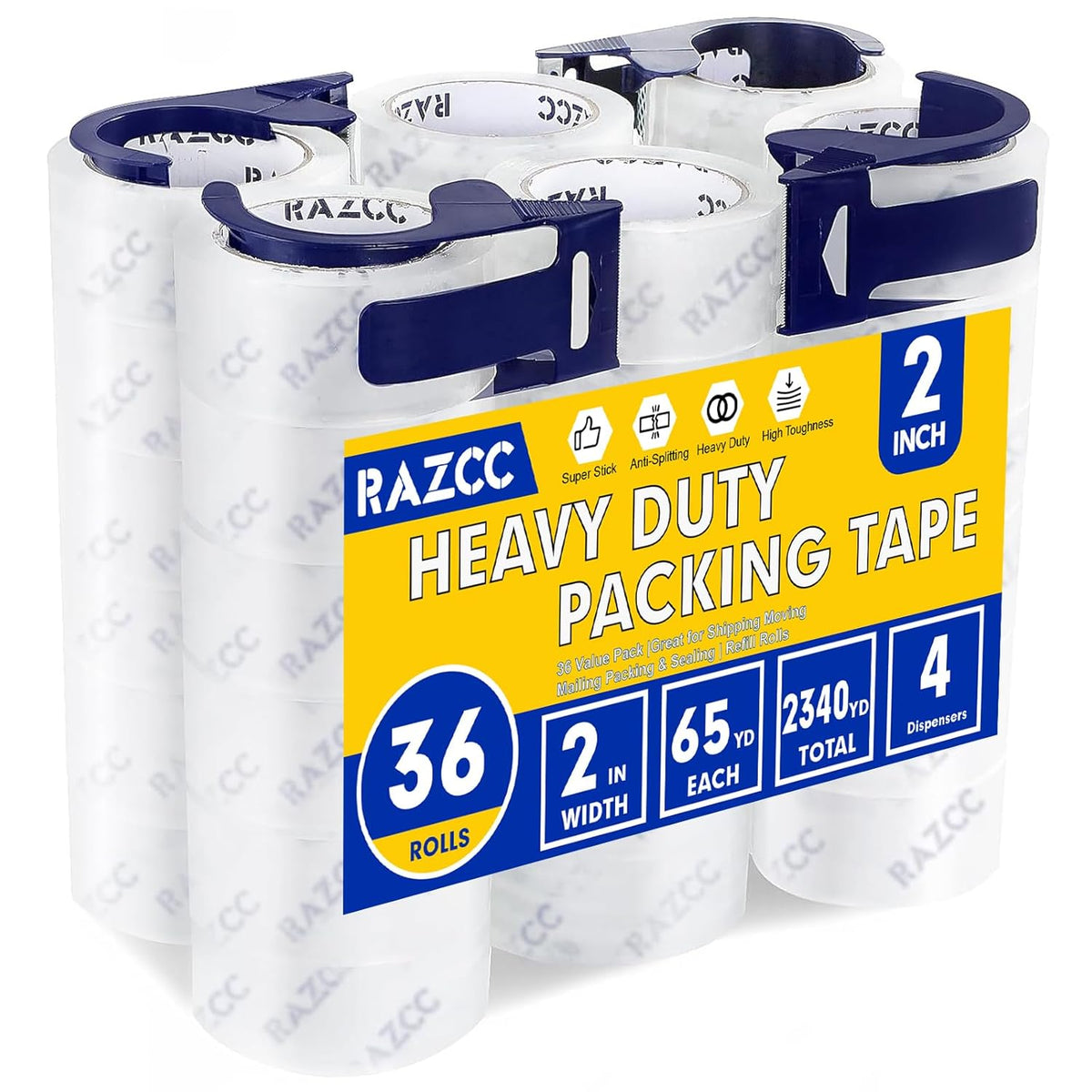 Clear Packing Tape, 36 Rolls Heavy Duty Packaging Tape with Dispensers for Packing Shipping Moving and Sealing, Thicker Packing Tape-2" x 65 Yards Per Roll, 2340 Total Yards