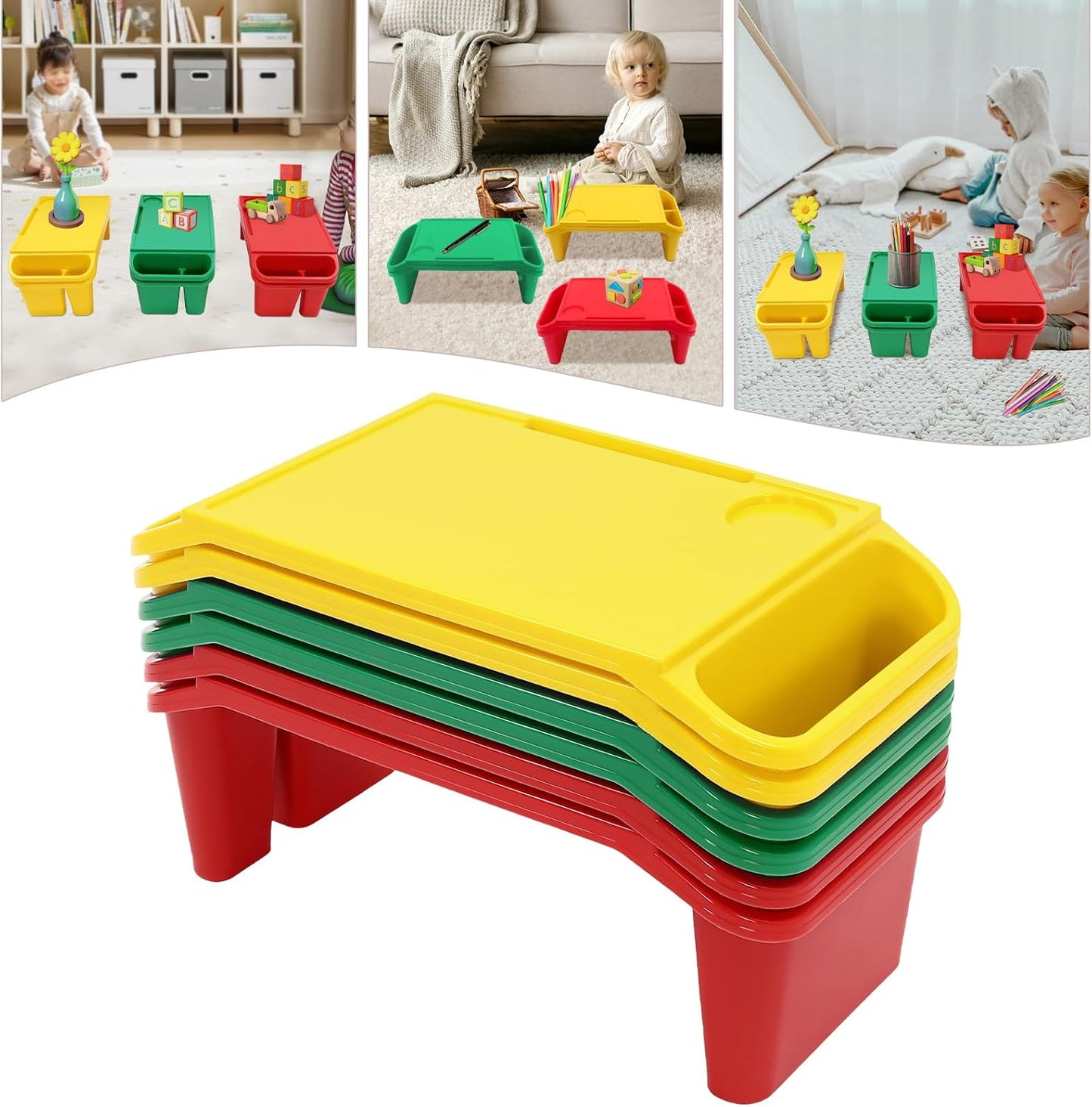 6 Pack Kids Lap Desk Tray with Storage Slots, Portable Lap Desk, Activity Tray, Drawing, Stackable, Writing, Eating, Classroom, 19.69" L x 9.84" W x 7.1" H (Red+Green+Yellow)