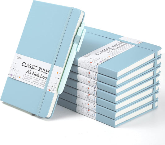 feela 8 Pack Notebooks Journals Bulk, Hardcover Notebook Classic Ruled Lined Journals with Pen Holder for Women Girls School Business Supplies, with 8 Black Pens, 120 GSM, 5.1”x8.3”, A5, Light Blue