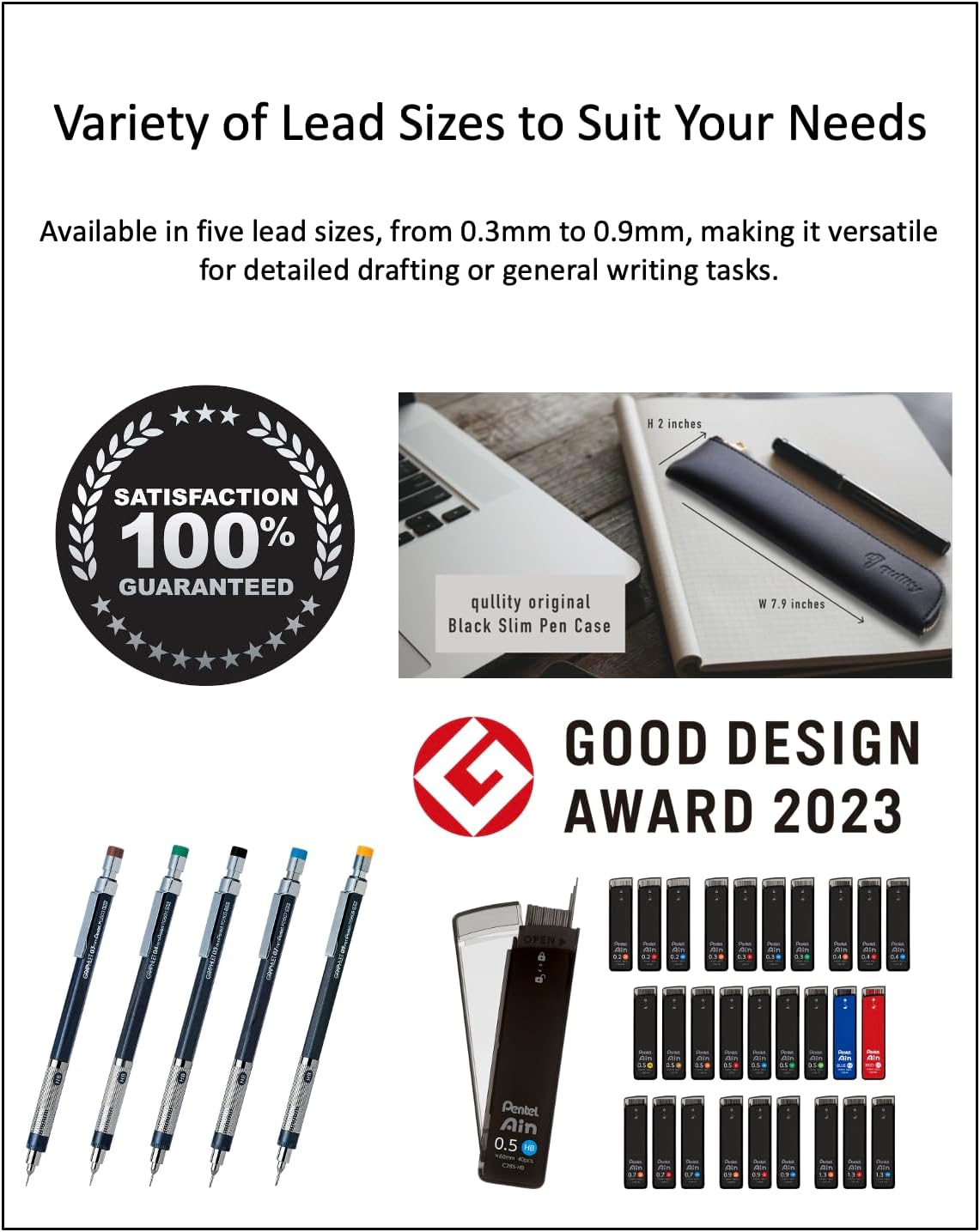 Graphlet Mechanical Drafting Pencil + Ain HB/B/2B leads, original Black slim pen case (0.3mm)