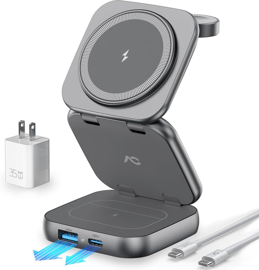 5-in-1 Wireless Charger for MagSafe, AC ISLAND Portable Travel Charging Station, 15W Max Fast Foldable Magnetic Stand, Evolved for iPhone 17/16/15/14/13 Series, Apple Watch, AirPods (with 35W Adapter)