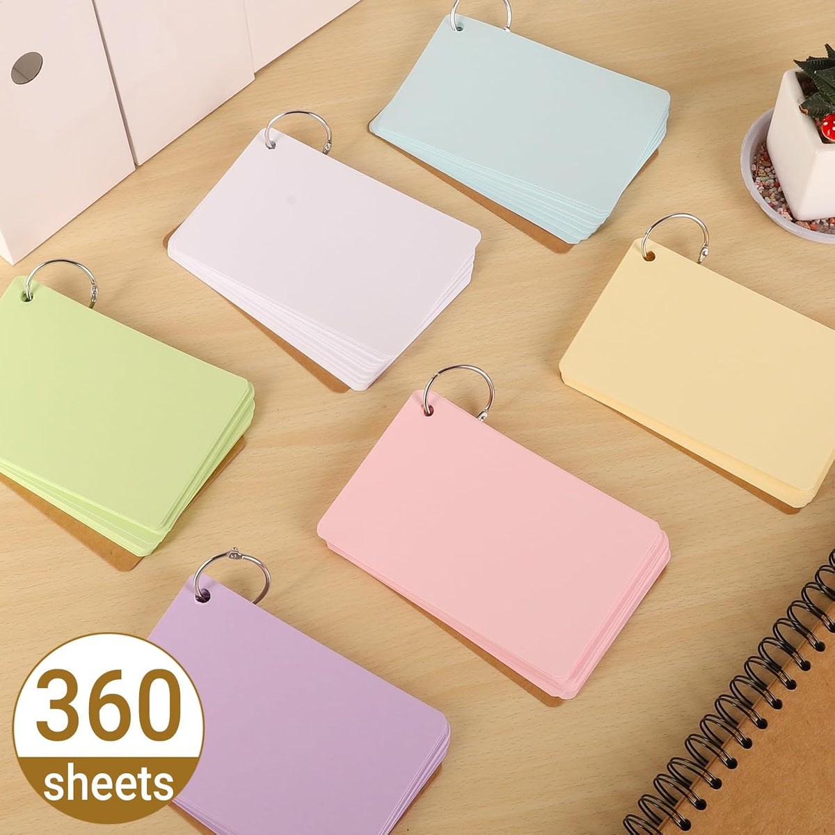 6 Pack Blank Index Cards 4 x 6 Inches, 360 PCS Colored Blank Index Flashcards Blank Flash Cards with Rings, Note Cards Punched for Study, Office and Home