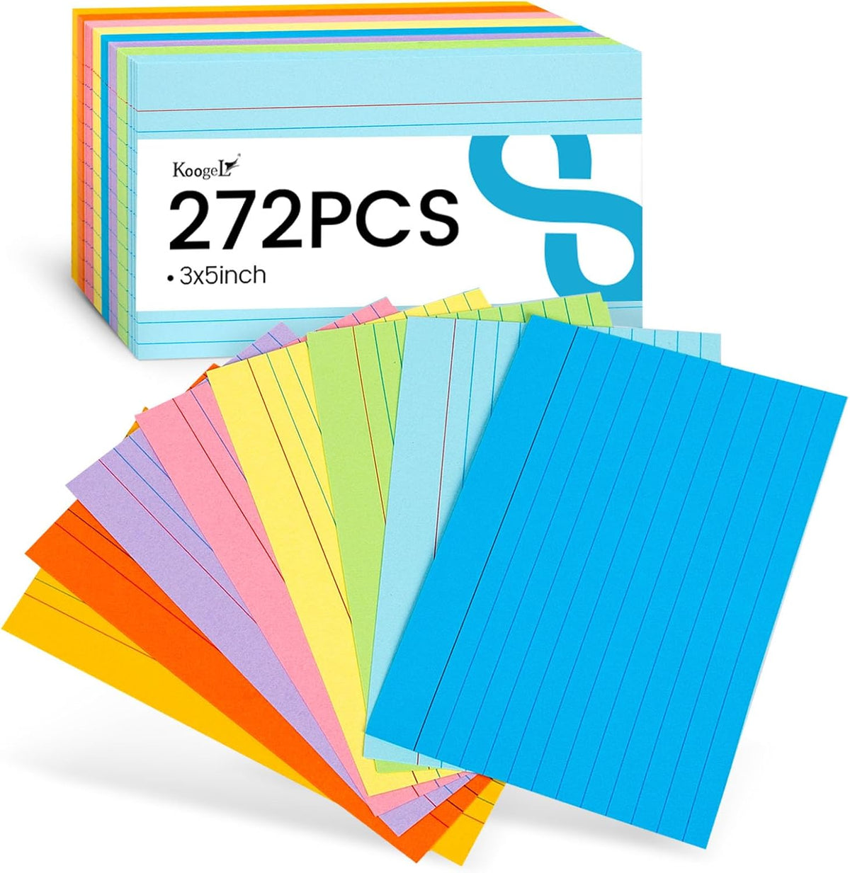 Koogel Index Cards 3x5, Colored Index Cards for Back to School, Heavy Weight Flash Ruled Note Card for Studying School Supplies College Office Home Note Taking, 34 Pack of 8, 272 Count, 8 Colors