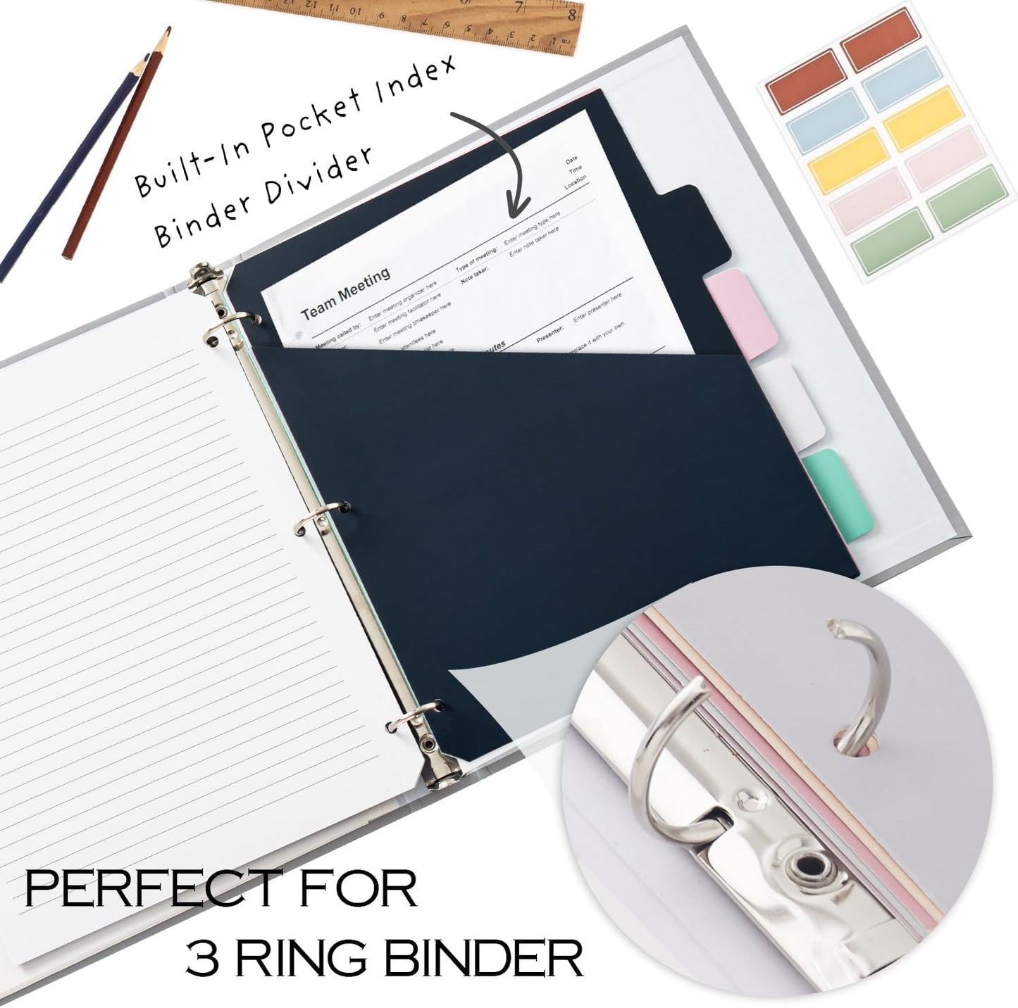Y YOMA Colored 3 Ring Binder Dividers with Pocket Letter Size Paper Binder Tabs Page Dividers Cute Decorative Binder Index Dividers for Office School Home with 1/5-Cut Tabs, Fashion Color(5 Sheet)