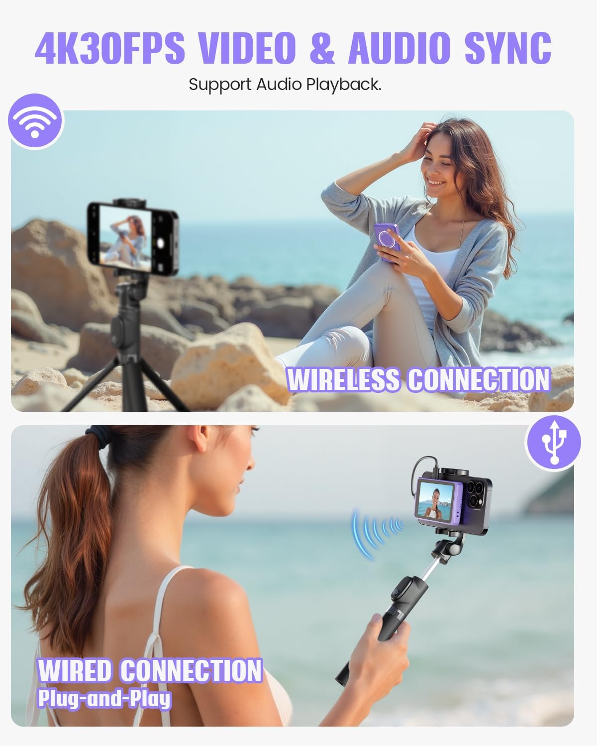 Vlog Selfie Monitor Screen, Magnetic Phone Selfie Screen 4K/1080p 60fps Bluetooth Remote, Back Camera Monitor Built-in Speaker for Vlog Live Stream TikTok (Purple)
