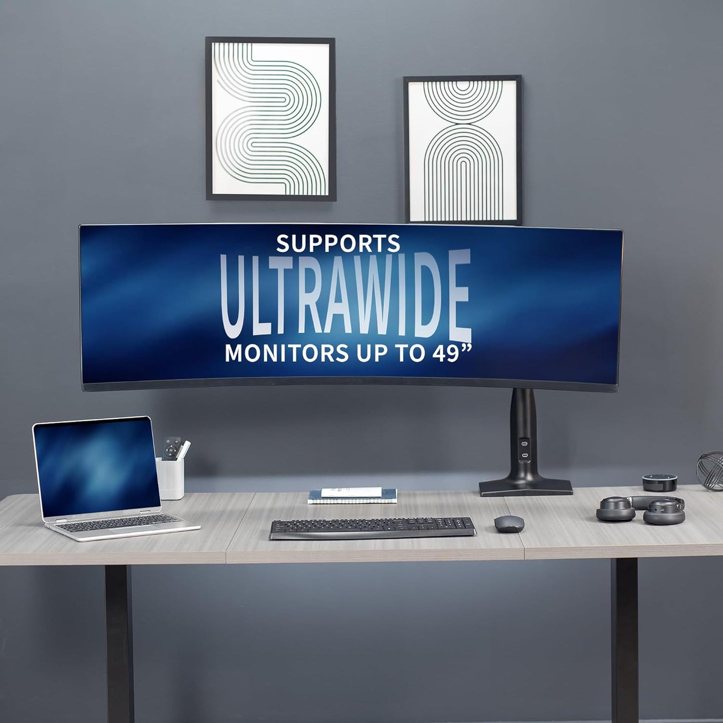 VIVO Aluminum Ultrawide Monitor Stand, Classic + USB, Fits up to 49 inch Screens, Single Articulating Pneumatic Arm, USB Ports, C-Clamp and Grommet Desk Mount, Max VESA 200x100, Black, STAND-V100HU