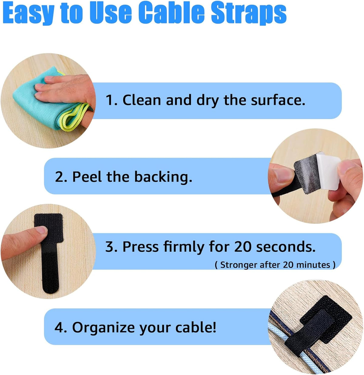 80PCS Hook and Loop Cable Ties, Hook and Loop Cable Straps, Under Desk Cable Management, Adhesive Cable Clips, Sticky-Back Cord Organizer for Desk, Household & Office Organization (Black+White)