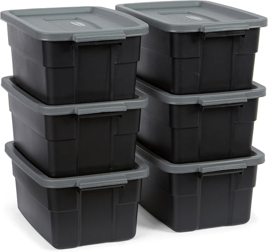 Rubbermaid 3-Pack Garage Storage Bins 18x12 Inch Heavy Duty Storage Bins, Large Capacity - USA Made Stackable Plastic Bins with Lids Black