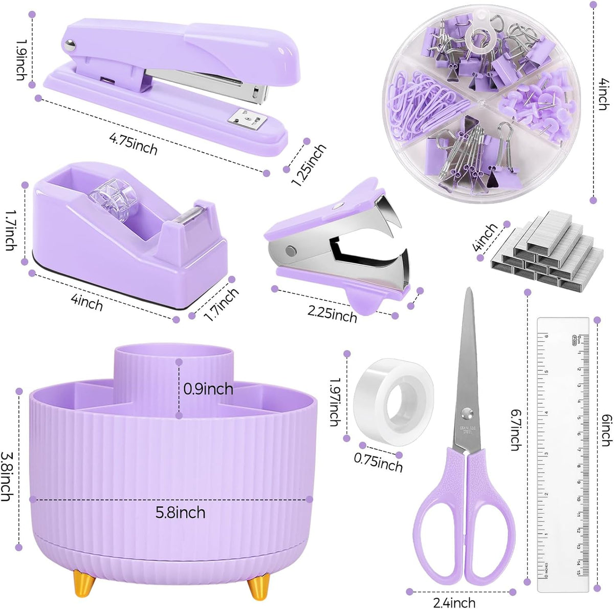 SKYDUE Purple Office Supplies Set, Purple Office Desk Accessories 10PCS, Pencil Holder for Desk, Stapler, Tape Dispenser, Scissors, Ruler, Binder/Paper Clips and 1000pcs Staples,Desk Supplies Set