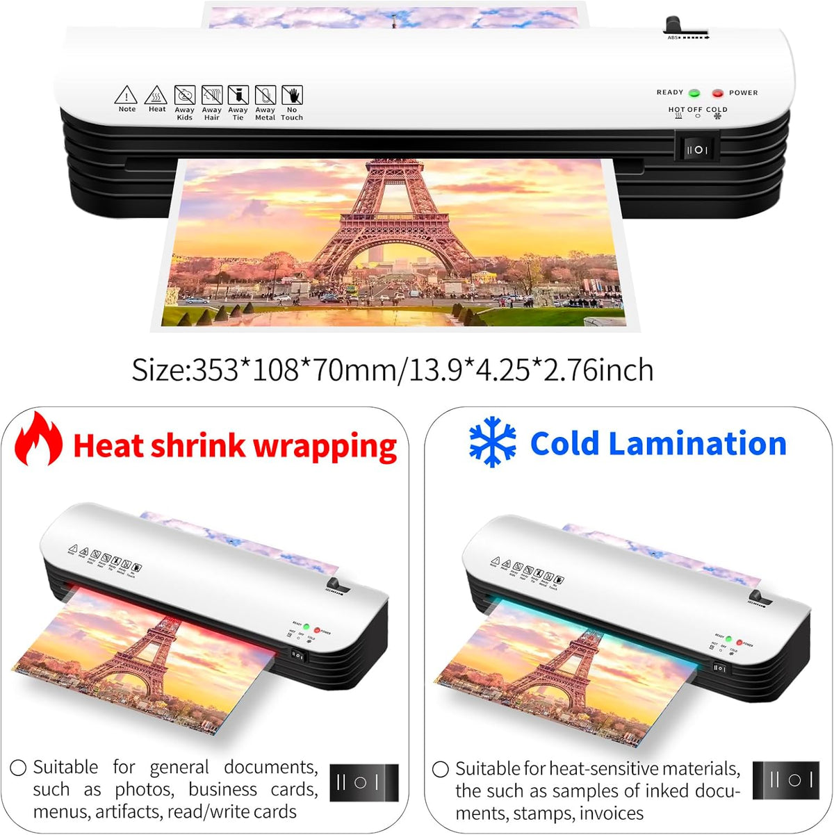 9 Inch Laminator Machine for Documents and Photos, 6 in1 A4 Thermal Laminator Machine with Never Jam Technology, 15 Laminating Sheets, Use for Home Office School