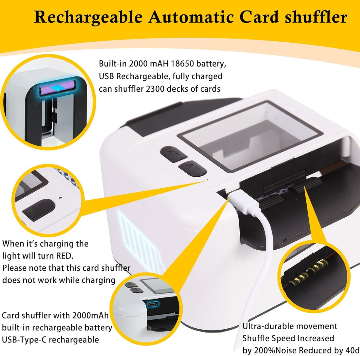 Automatic Card shuffler 1-2 Deck, 2000 mAH USB-C Rechargeable Electronic Card shuffler, Quiet Card shuffler for UNO Poker Blackjack Canasta Skip-Bo Phase 10, One-Press AUTO and Manual