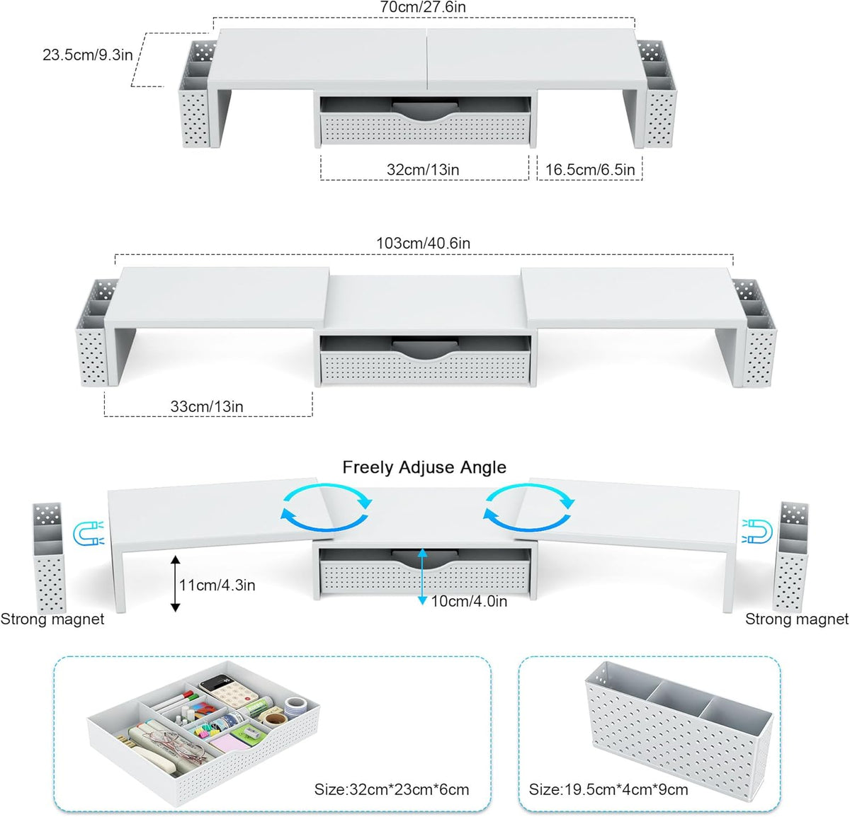 Spacrea Metal Desk Organizers and Accessories, Dual Monitor Stand Riser with Drawer and 2 Pen Holders, Desk Accessories & Workspace Desktop Organizers for Office Supplies (White)