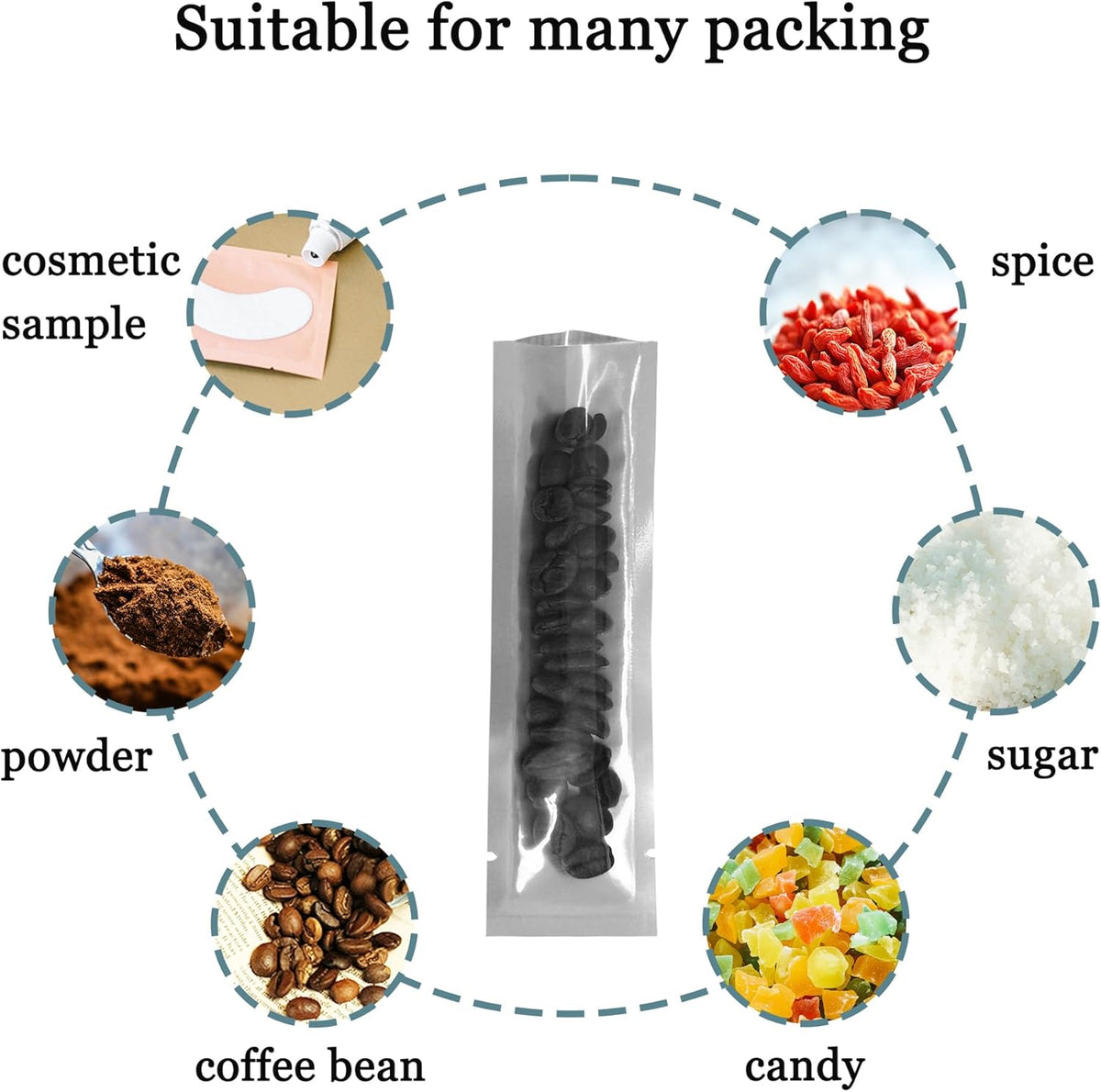 PABCK 100 Pcs 1.57x6.5 inch (inside size 1.18x6.1 inch) Clear Front Vacuum Heat Sealable Foil Bag Mylar Packets for Travel Sample Packaging Spice Candy Chololate Coffee Food Storage Aluminum Pouch