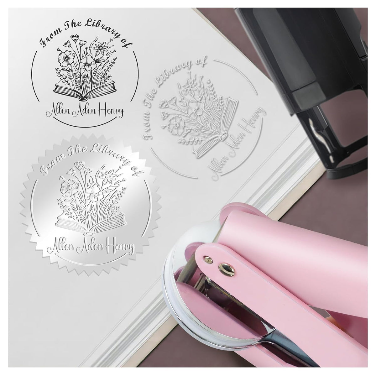 Book Embosser Custom Embosser Stamp with Your Name or Design Personalized Library Embosser Stamp Customized Books Business Cards Paper Documents Notebooks etc. (21)