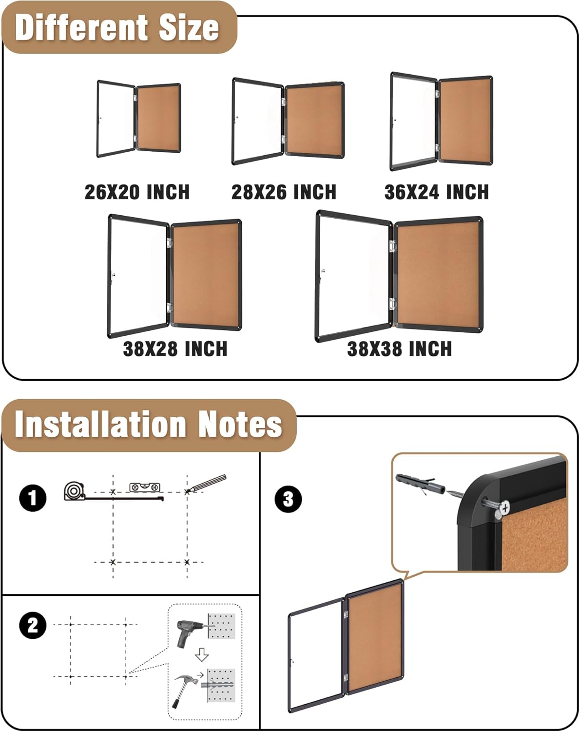 28"x26" Enclosed Bulletin Board, Lockable Weather-Resistant Aluminum Cork Noticeboard for School & Office, Black Frame w/Cork