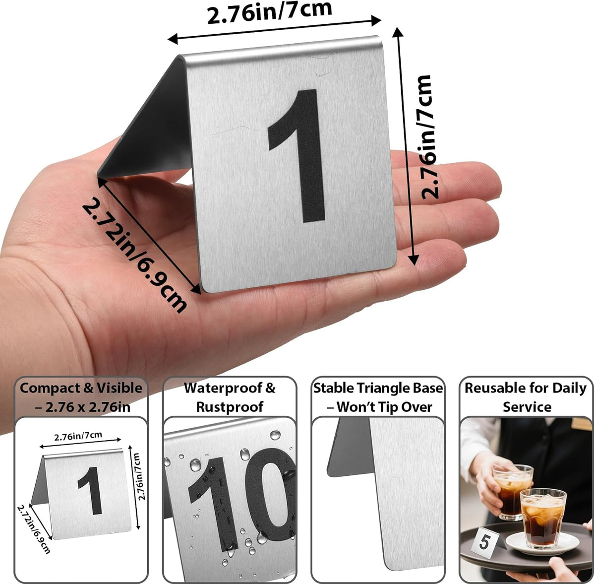 Stainless Steel Table Numbers 1-10, 2.76 x 2.76 Inch Tent Style Number Signs, Heavy-Duty Metal Table Number Cards for Restaurant, Cafe, Hotel, Large Clear Numbers, Waterproof and Rustproof