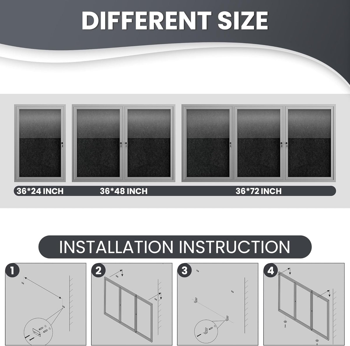 72"x36" Lockable Enclosed Bulletin Board, Outdoor Flet Weather-Resistant Aluminum Frame Notice Board, Wall Mounted Display Case Acrylic Doors for School,Office,Silver Frame w/Black Flet