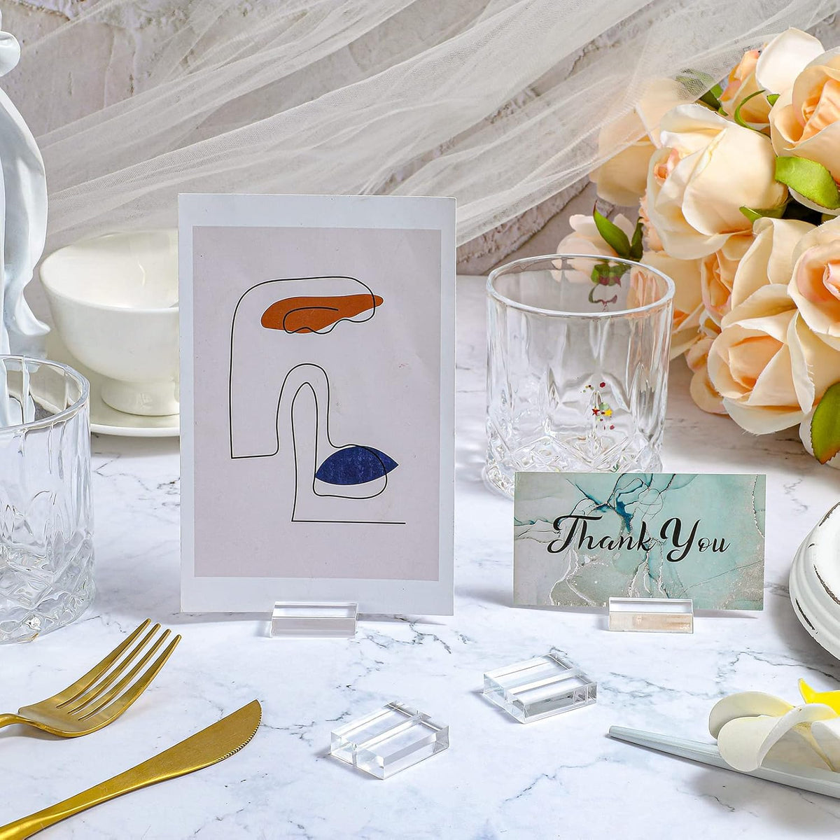 Yalikop Acrylic Place Card Holders 1.2 Inch Name Card Holder Stands Clear Table Number Stands Wedding Sign Holders Display Stand for Table Wedding Photos Office Menu Meeting(50 Pieces)