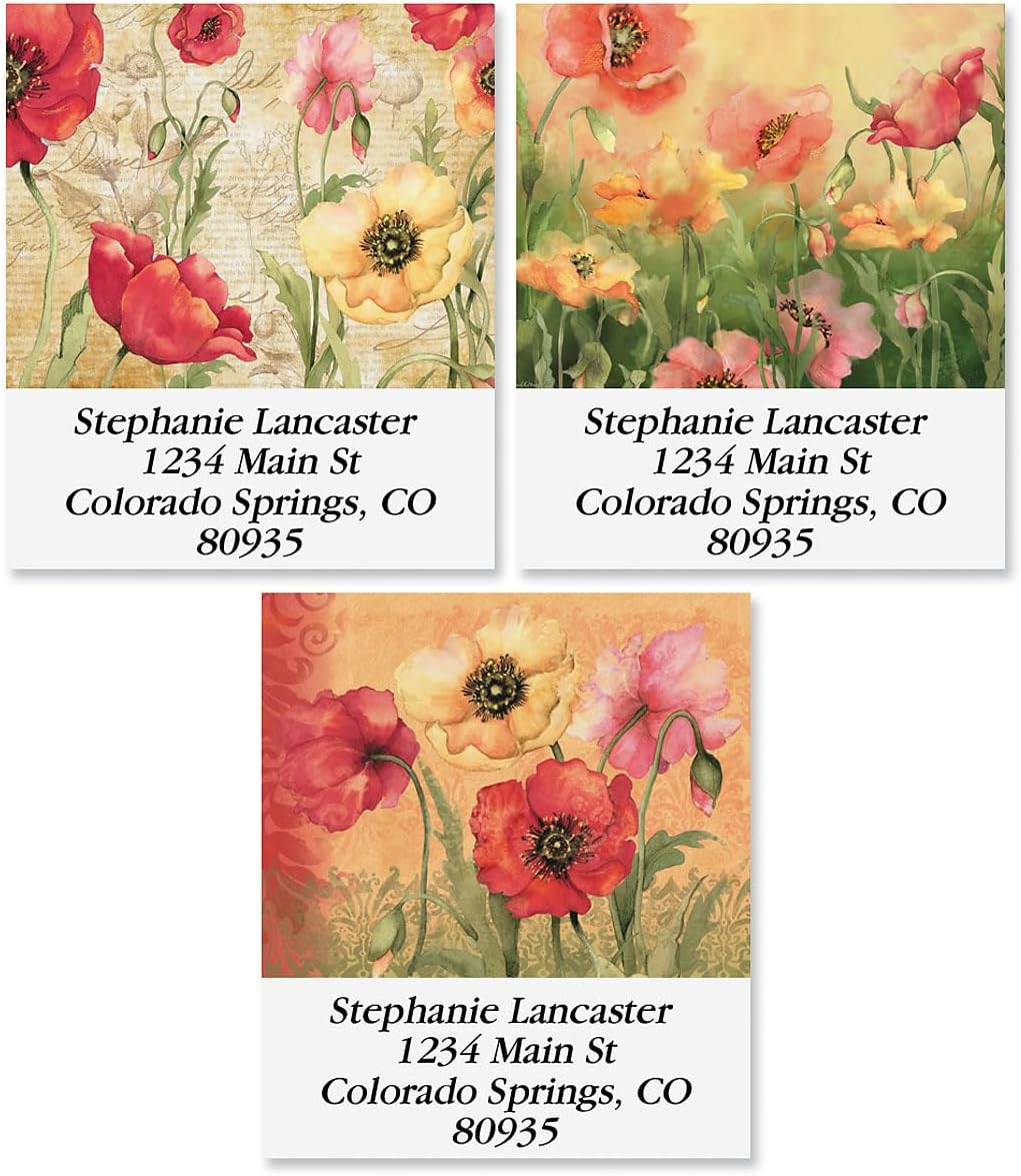 Colorful Images Poppies Floral Return Address Mailing Labels, Personalize with Name & Address, Set of 144 Self Adhesive, Easy Peel Flat Label Sheets, Square, 3 Designs