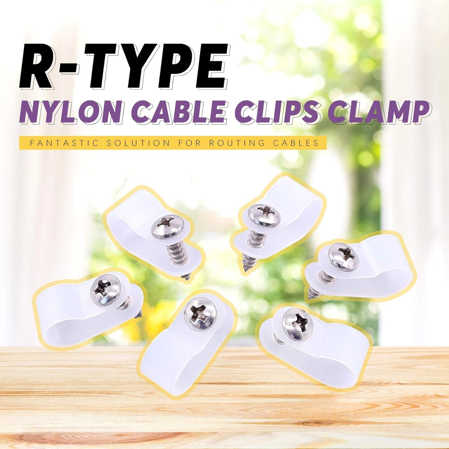 Swpeet 60 Pack White 3/8 Inch Nylon Plastic R-Type Cable Clips Clamp Kit, Nylon Screw Mounting Cord Fastener Clips with 60 Pack Screws for Wire Management (3/8 Inch, White)