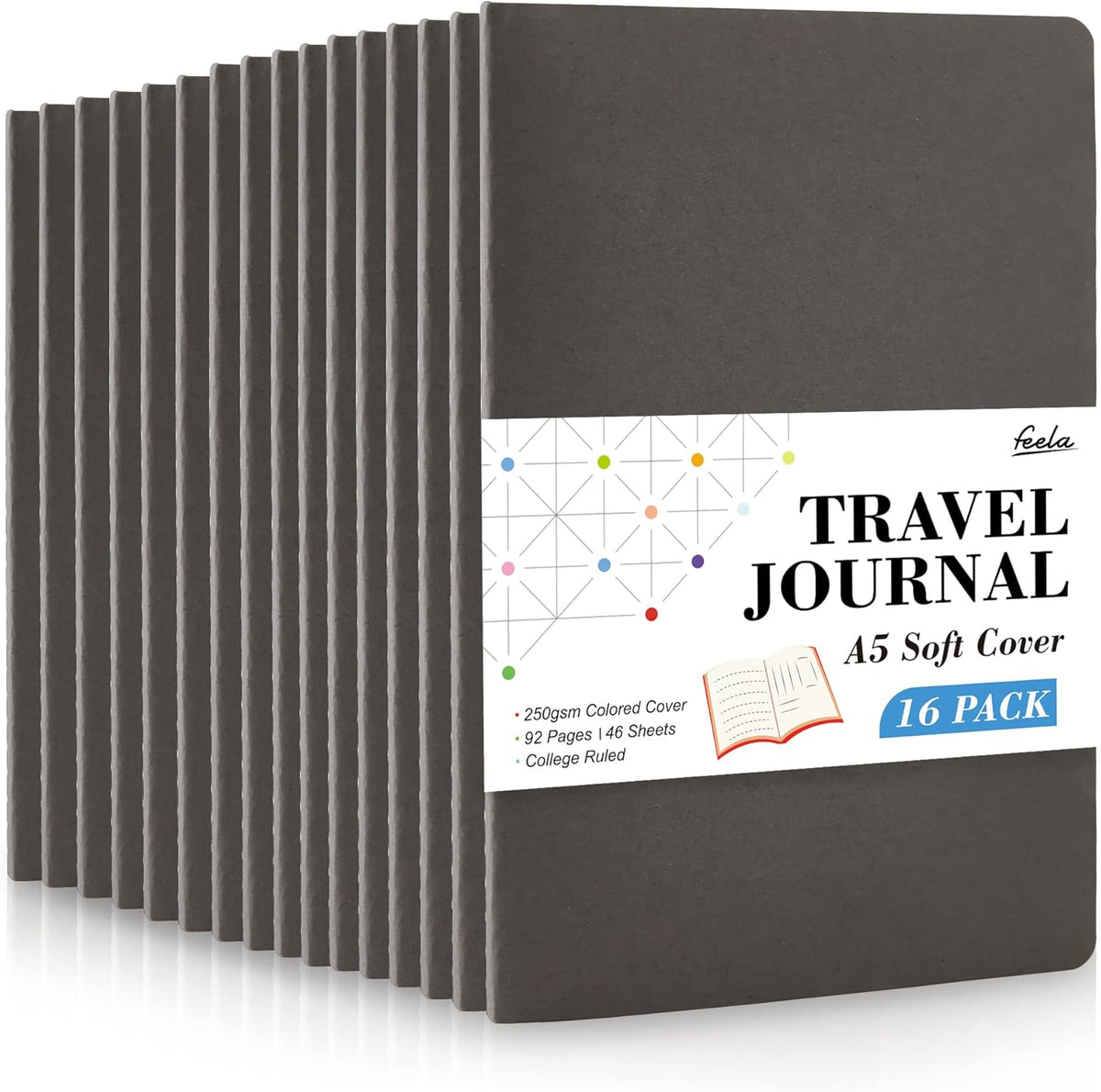 feela 16 Pack Soft Cover Journal Bulk, Lined Notebooks College Ruled for Work for Women Girl Writing, Blank Travel Journal Note Taking Notebook School Business Supplies, 8.2” x 5.5”, A5, Gray
