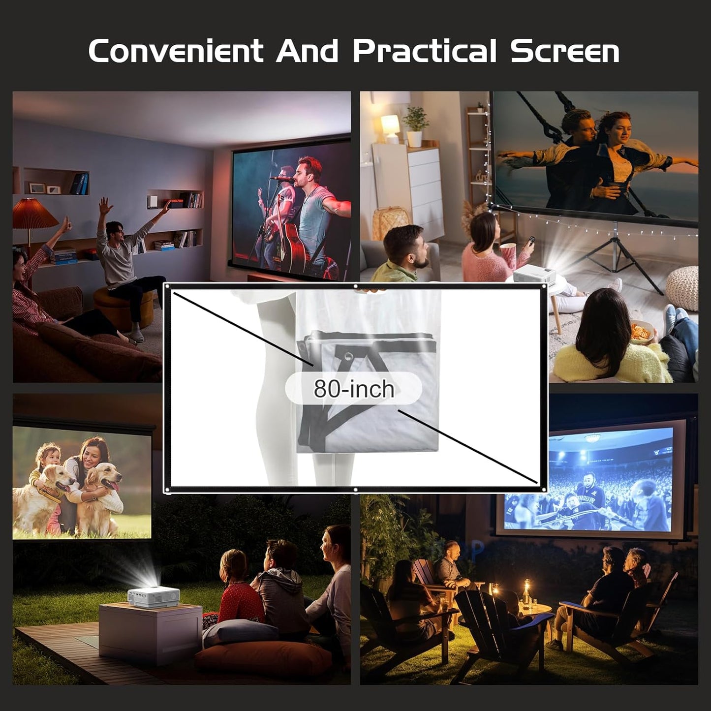 Mini 1080P Projector with Screen, Portable Home Theater Movie Projector with Two-Way Bluetooth, HDMI/USB Input for Smartphone/TV Stick, Ideal for Indoor & Outdoor Use