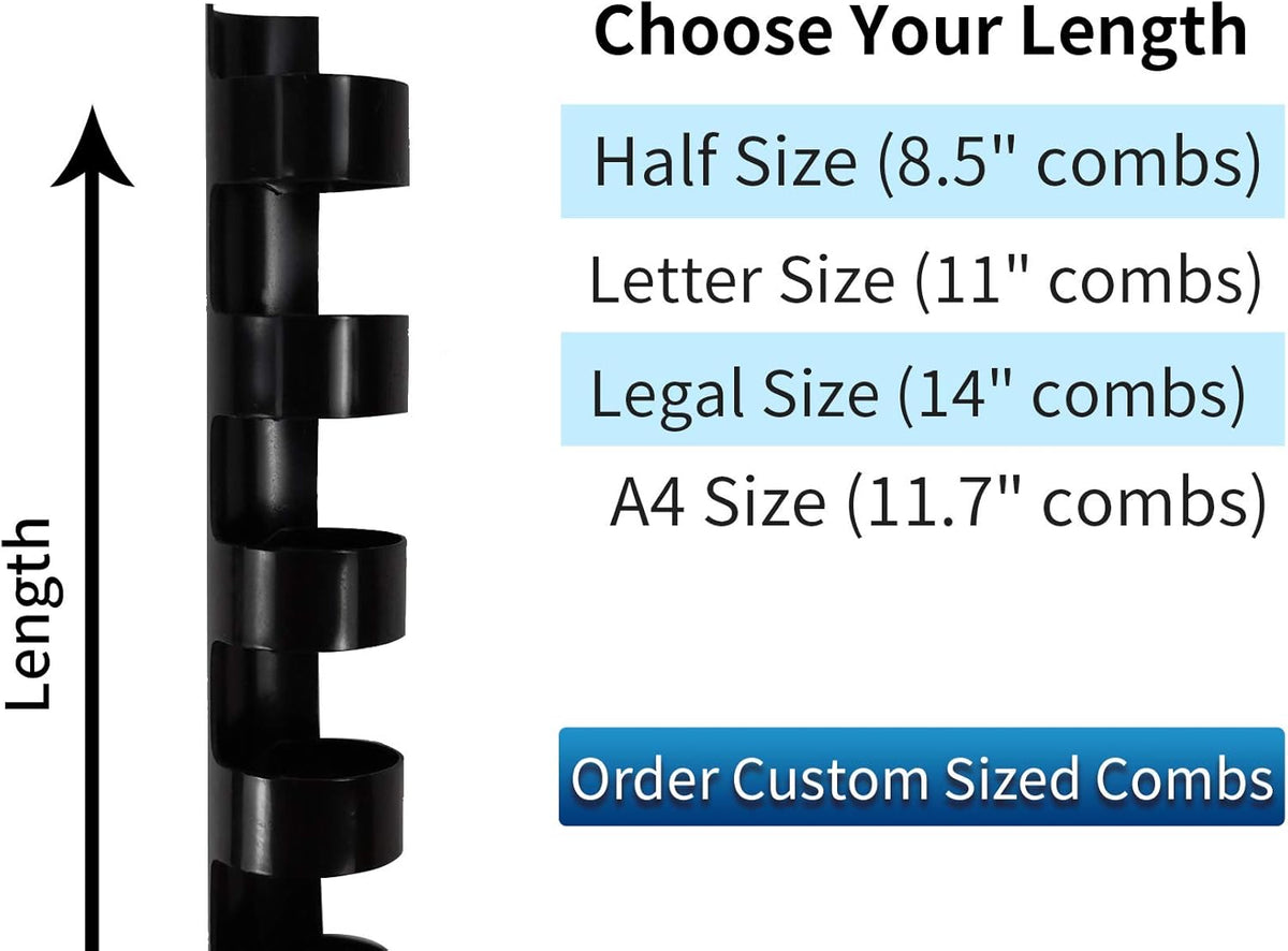 CR21-681012BK Binding Combs Plastic 21 Ring 25-90 Sheet Capacity, Max Binding A4 Size Paper, 1/4in, 5/16in, 3/8in, 1/2in, Black Multi-Size Pack of 100
