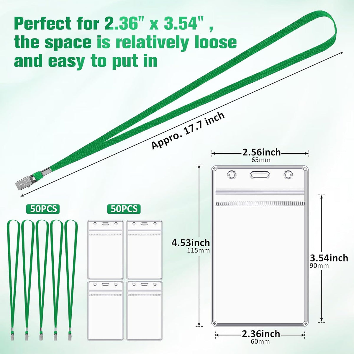 Marspark 100 Pcs Name Tag Lanyards with ID Holder Lanyards for ID Badges Resealable Flat Neck Name Tag with Clip Waterproof Plastic Clear Badges Bulk for School Office Supplies (Dark Green)