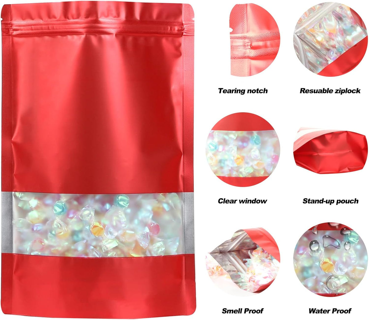100 Pack Smell Proof Bags, Resealable Mylar Bags with Matte Window, Foil Pouch Stand-up Bags for Food Self Sealing Storage, Scratch Resistant Hand Storage Bags.(Red, 4.7×7.9 Inch)