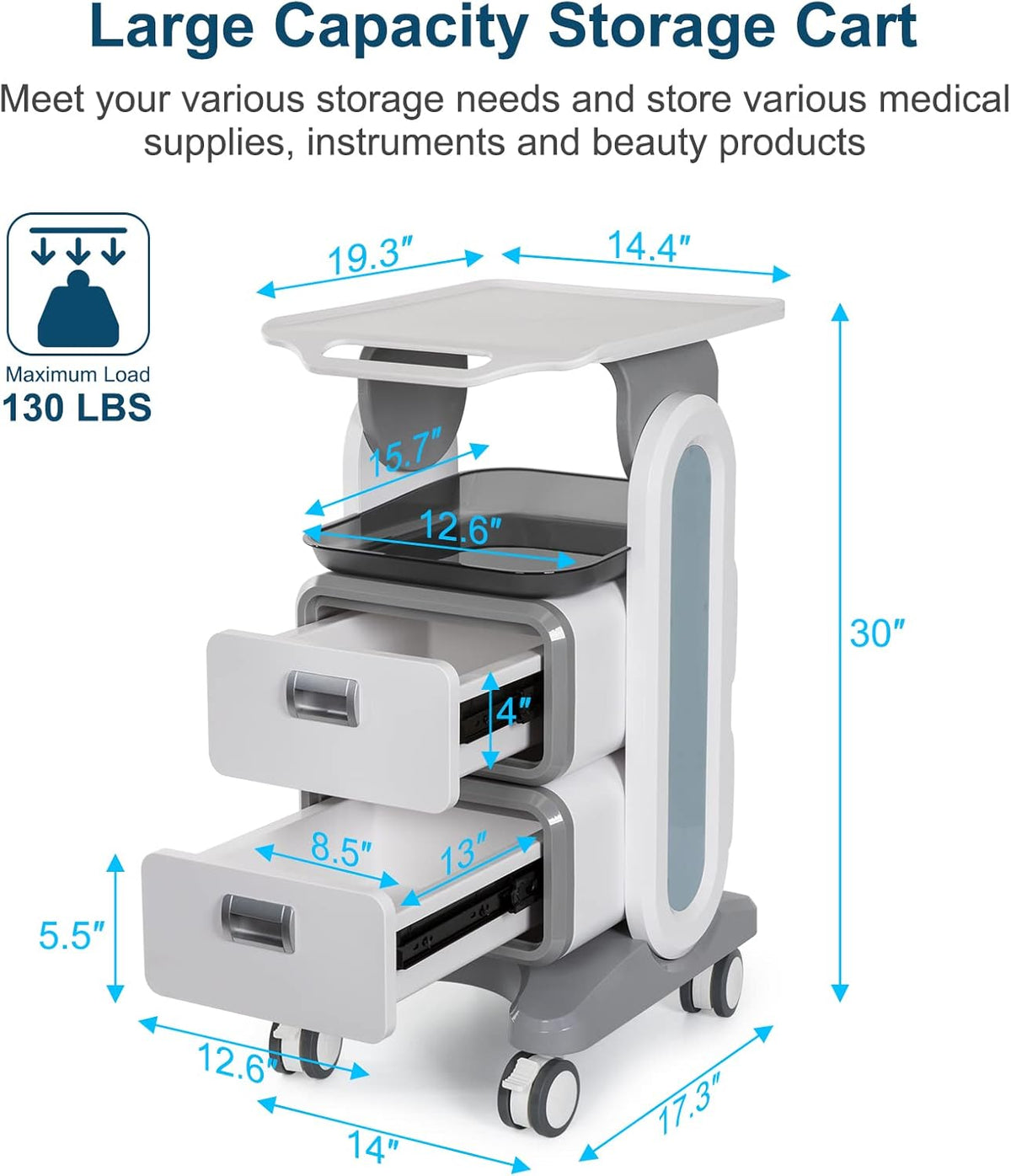 Mobile Medical Trolley Cart 130 Lbs Load Portable Professional for Ultrasound Imaging Scanner Vehicle Beauty Storage Cart with Drawers Tool Tray Wheels for Home Hospital Office Medical Clinic