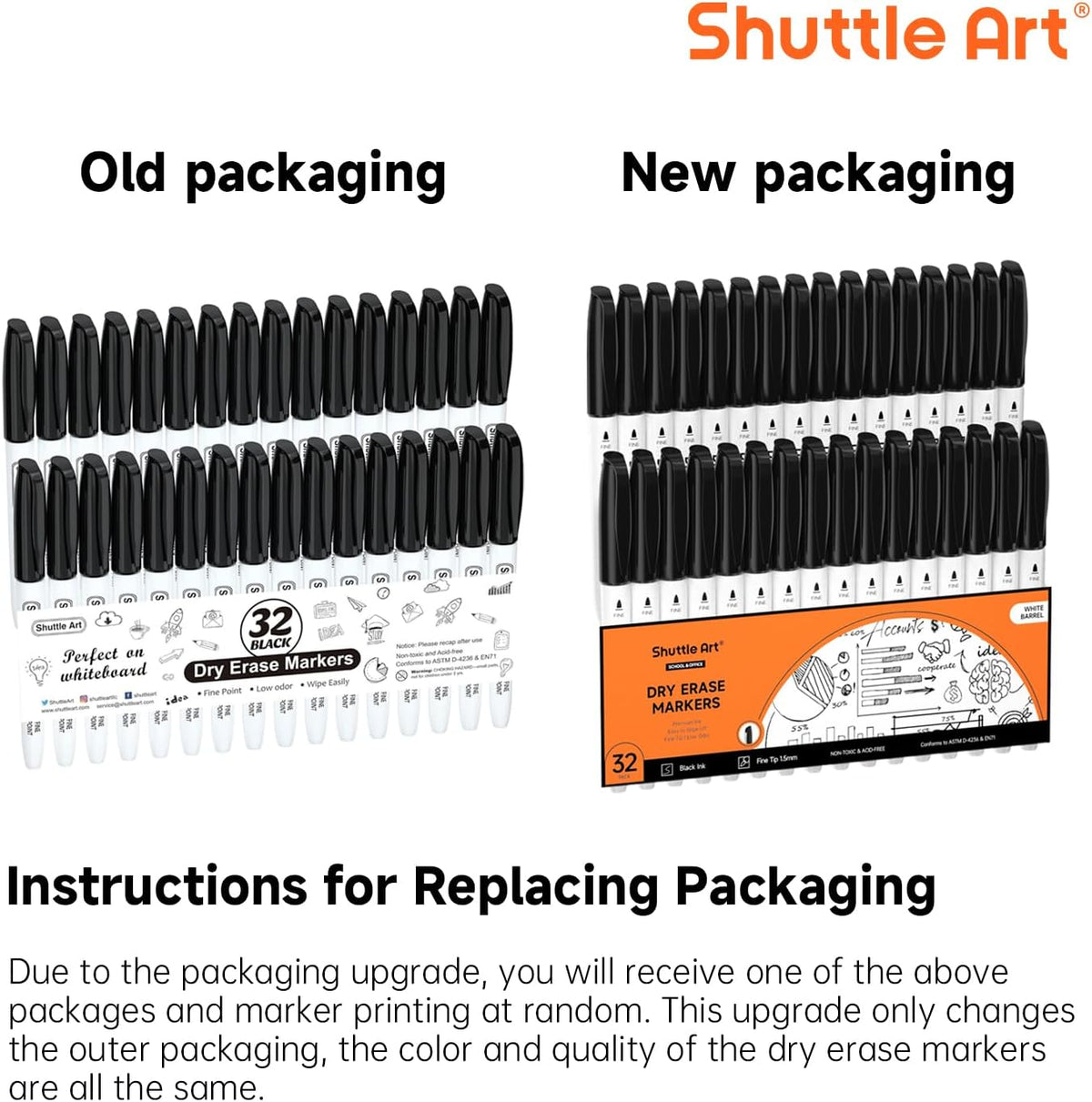 Shuttle Art Dry Erase Markers, 32 Pack Black Whiteboard Markers,Fine Tip Dry Erase Markers for Kids,Perfect for Writing on Whiteboards, Dry-Erase Boards,Mirror,Calender,School Office Supplies