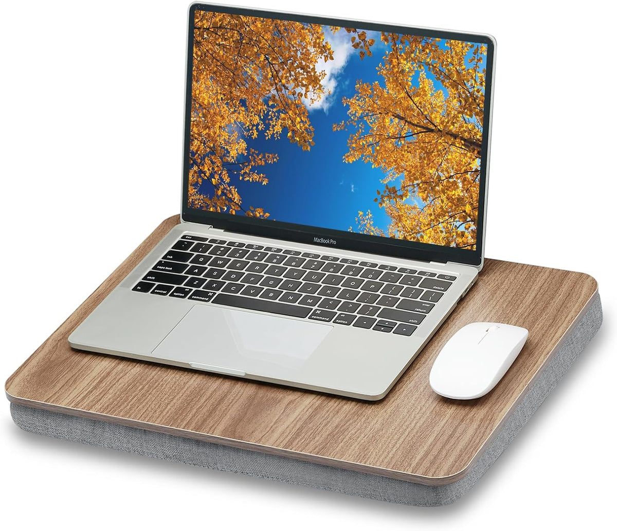Lap Desk with Pillow Cushion, Portable Laptop Bed Desk, Fits up to 15.6 inch Laptop, Lap Stand for Bed & Couch & Carpet, Book Tablet/Drawing Board - Dark Brown Wood