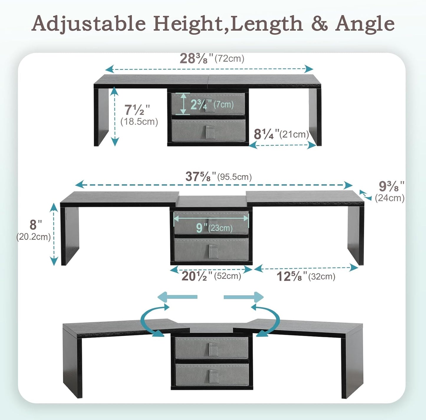 TEAMIX Dual Monitor Stand Riser with 2 Drawers-Length and Angle Adjustable 3 shelf Monitor Riser with Storage Desk Organizer Large Computer Monitor Stand for 2 Monitors/Laptop/PC,Wood Screen/TV Stand